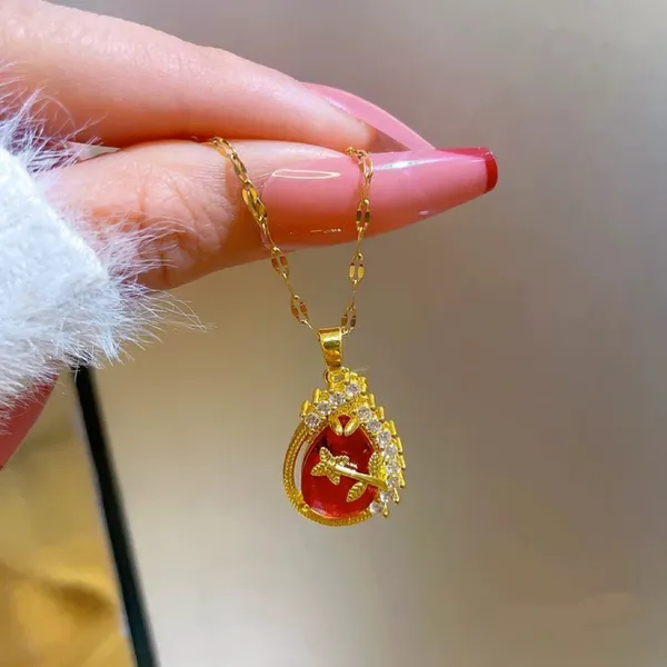 18K Gold Plated Birthstone Crystal Flower Teardrop Ruby Pendant Necklace for Women - Image 3