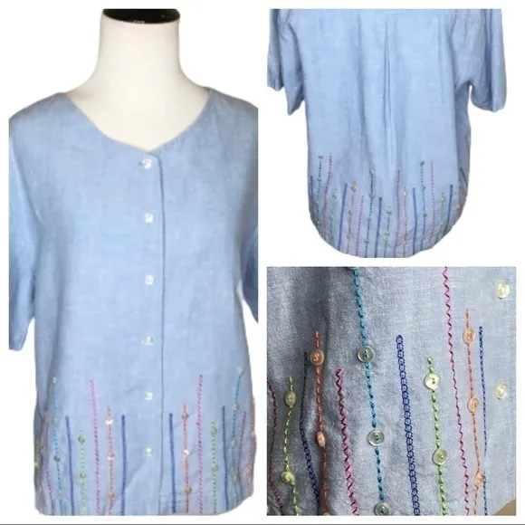 Vintage Bechamel Blue Linen Buttons Embroidery Shirt Medium Top - Image 2