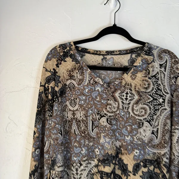 Y2k‎ Blue Brown Paisley Print 3/4 Sleeve Top Blouse Shirt M Western Boho Grunge - Image 2
