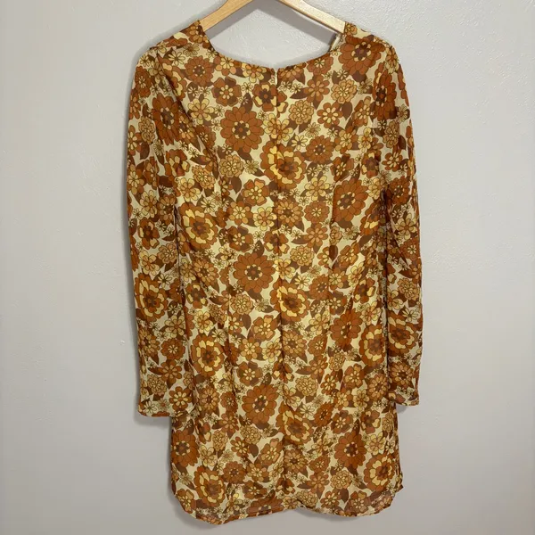 Retro Mini Dress Brown Mod Floral 70s Boho Bell Sleeve Groovy Festival Hippie L - Image 8