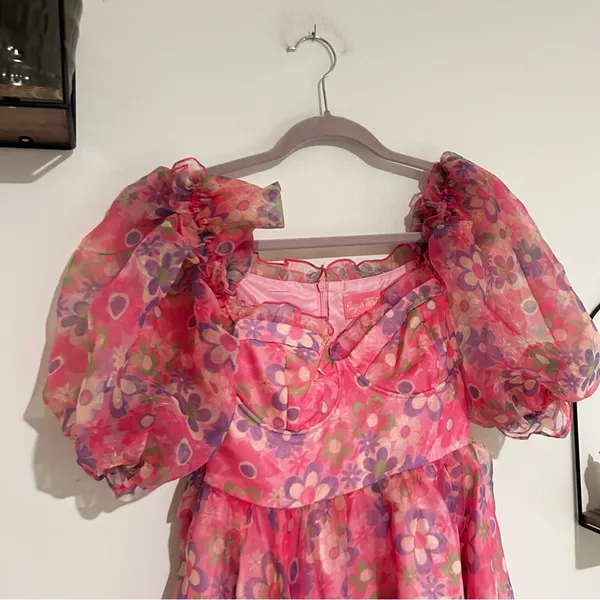 Sugar Thrillz‎ Growin’ Pretty Maxi Dress Sweetheart Neck Sheer Puff Sleeve XS - Image 3