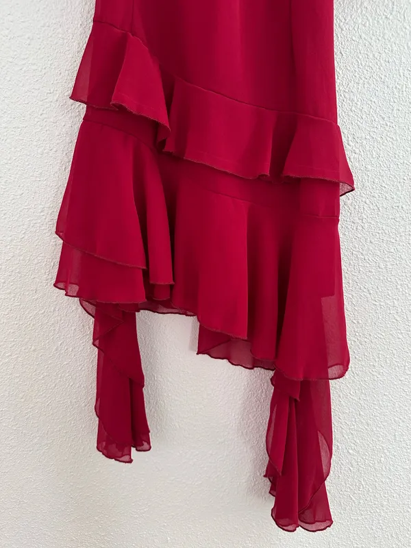 red ruffled ruched flowy salsa emoji asymmetrical dress - Image 6