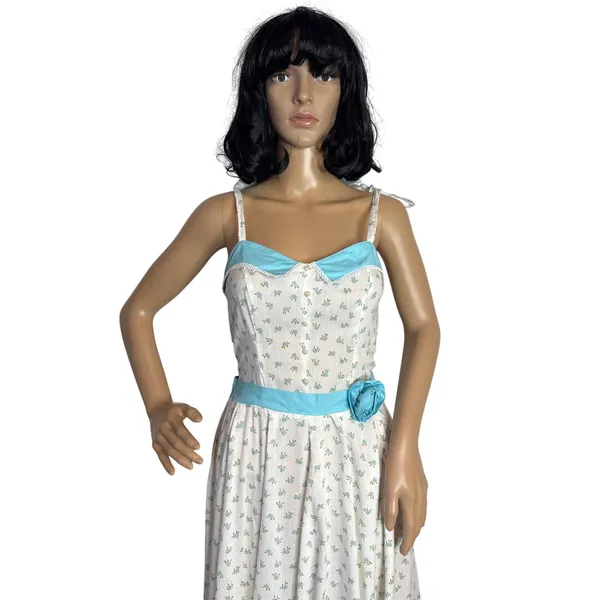 Vintage 1960s White Blue Floral Prairie Maxi Dress XS/S Talon Zip Circular - Image 4