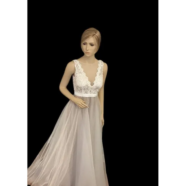 Hebeos wedding dress white lace‎ and tool over champagne sz 2 - Image 8