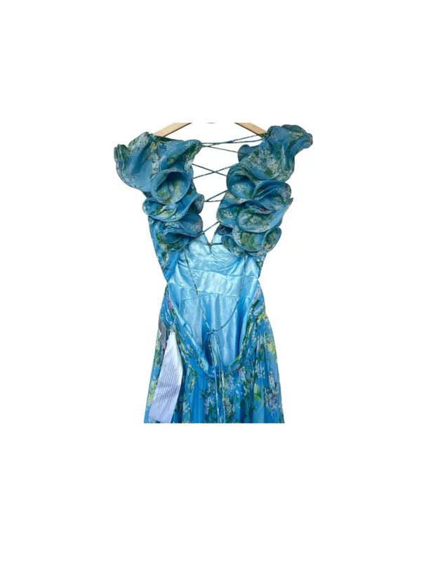 Mac Duggal Blue Ruffle Tiered Floral Cut-Out Chiffon Gown 6 Fairy Whimsy Formal - Image 11