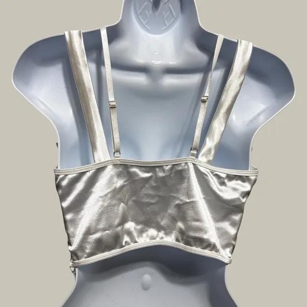 White Satin Lace‎ Corset Crop Top Bustier Hook Front Floral Applique Cottagecore - Image 2