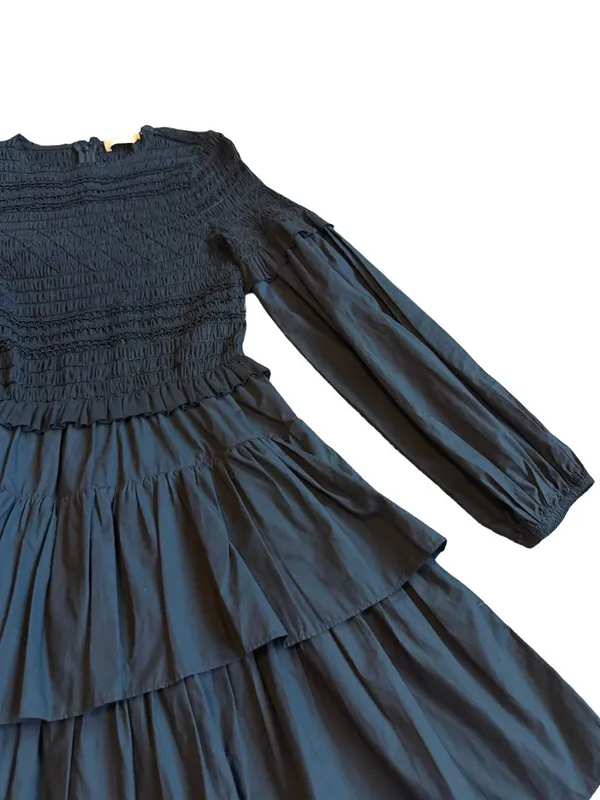 Ulla Johnson Black Smocked Tiered Ruffle Long Sleeve Nadia Dress Size 0 Women's - Image 8