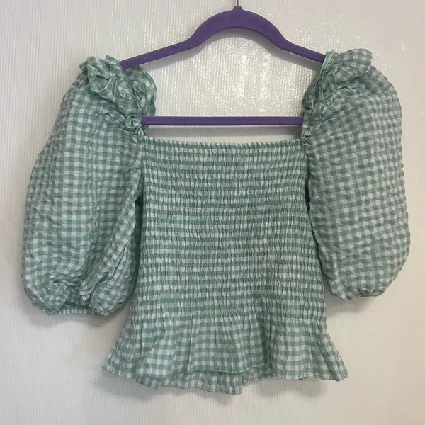 Primark Gingham Green Puff Sleeve Blouse - Image 3