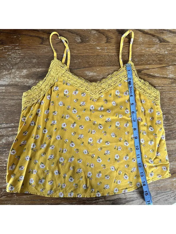 Hollister Yellow Floral Lace Trim Spaghetti Strap Cami Top XS - Image 3
