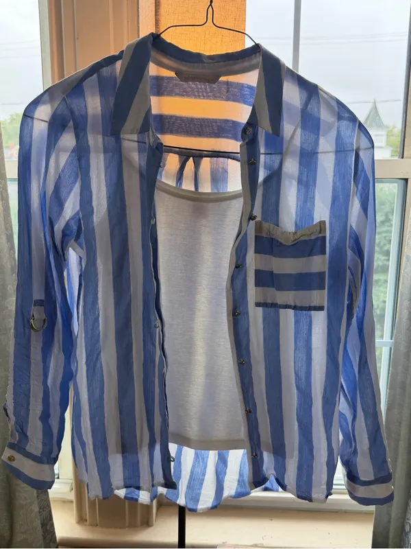 Soft Surroundings Light Blue and White Vertical Stripe Button-Down Shirt - Image 7