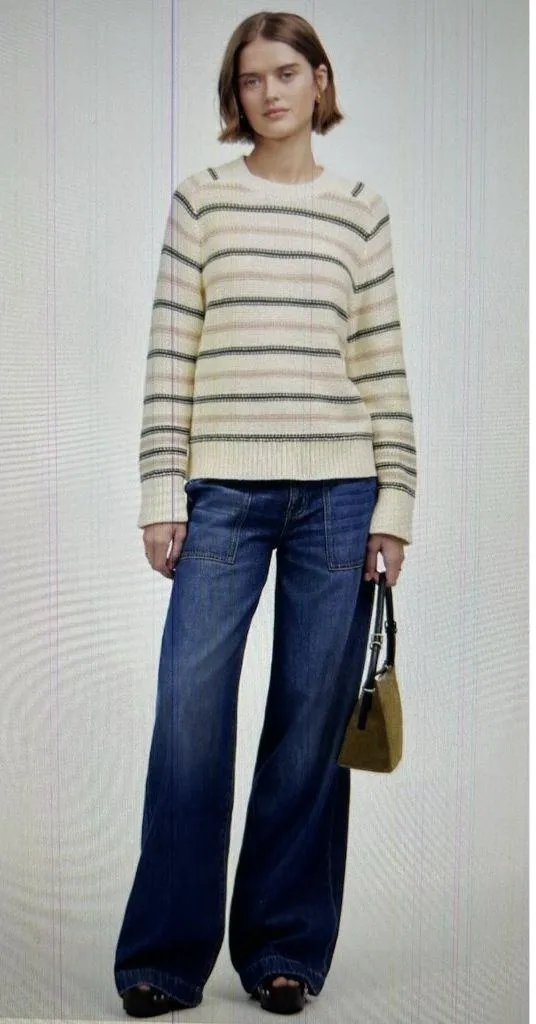 Madewell $98 Cotton Crewneck Sweater Dark Loden Stripe NT643 Size M - Image 2