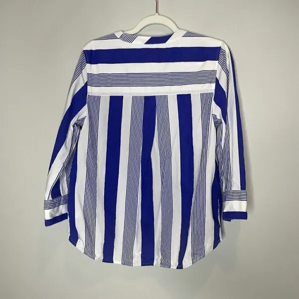 J Crew Button Front Cotton Poplin Tunic Popover Blouse Blue White Stripe Size S - Image 8