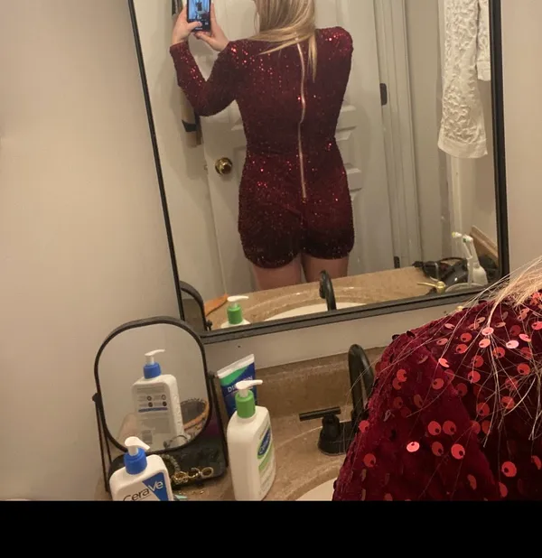 Burgundy Velvet Sequin Plunge Long Sleeve Romper - Image 4