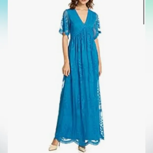 Sodress‎ Lace overlay maxi dress Blue v neck embroidered floral women’s medium - Image 2