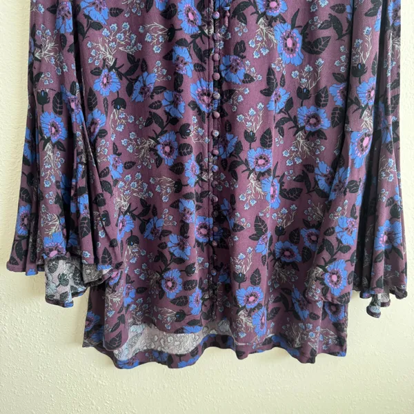 Free People Wine Purple Blue Boho Floral Mystery Bell Sleeve Tunic Blouse - Image 8