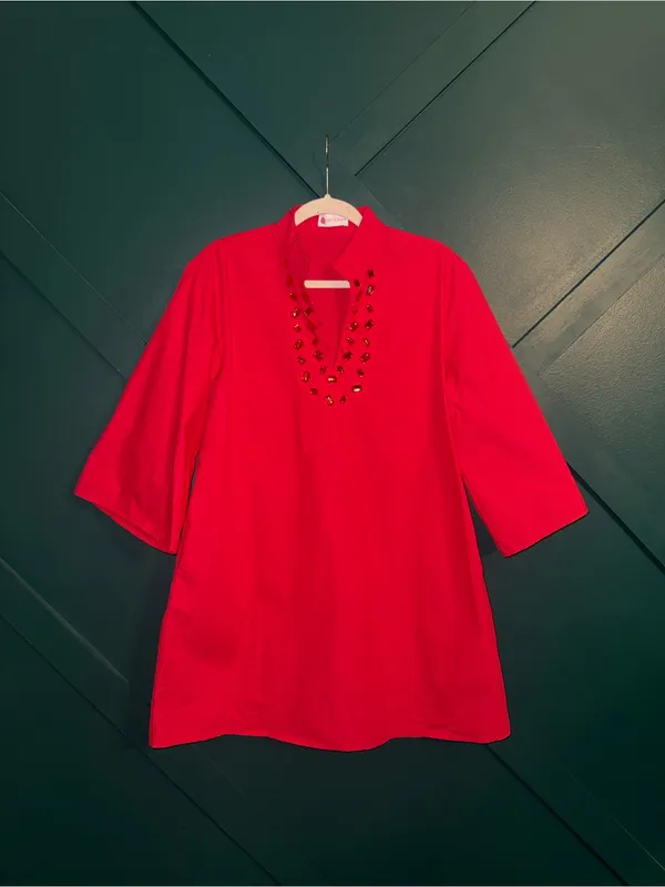 Caryn Lawn Red Embellished V-Neck Pocketed Mini Dress Size 2 (6-12) - Image 3