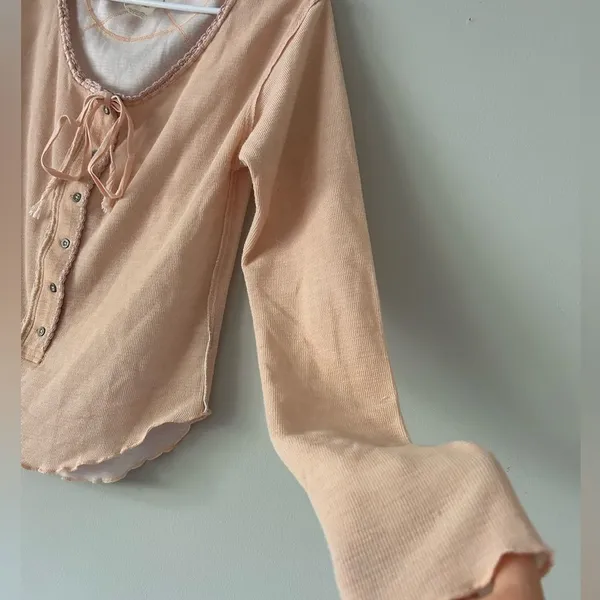 We The Free People Pink Cecelia Coquette Henley Bow Long Sleeve Top Size Large - Image 8