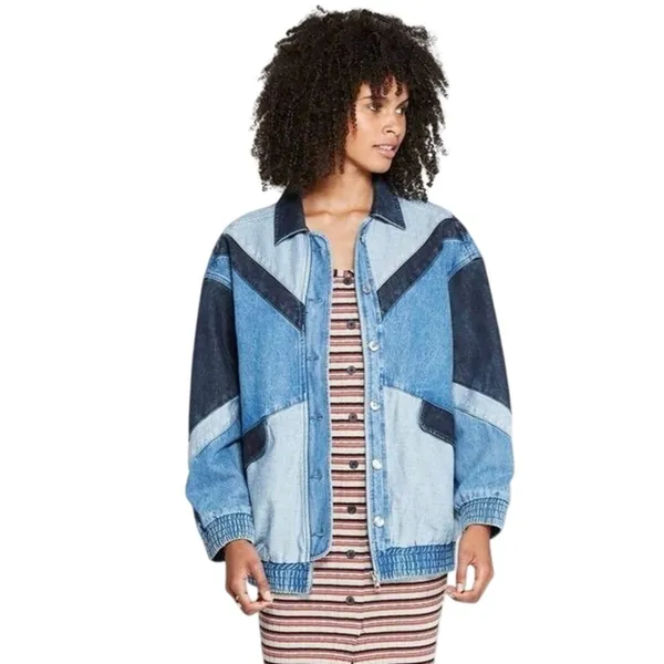 Wild Fable Retro Streetwear Colorblock Denim Bomber Jacket Sz large Blue Chevron - Image 3