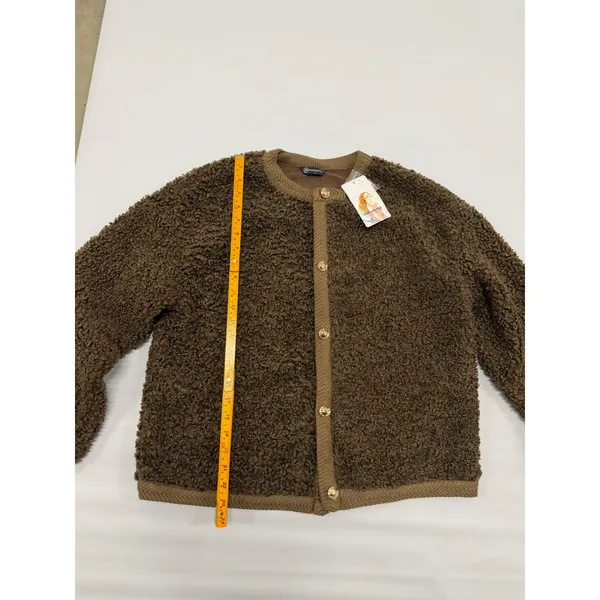 PrettyGarden Brown Sherpa Fleece Cardigan Gold Button Knit Trim Jacket Size L - Image 2