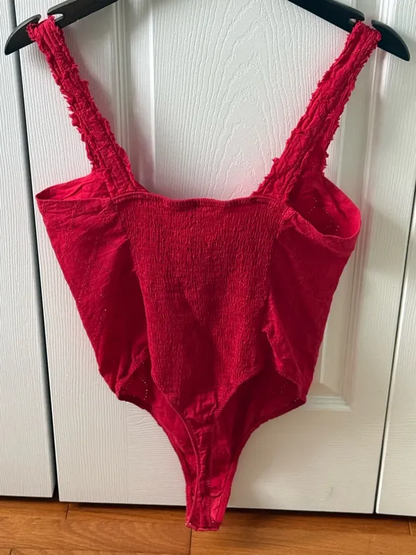 Free People Make Me Up Red Eyelet Bodysuit - Image 3