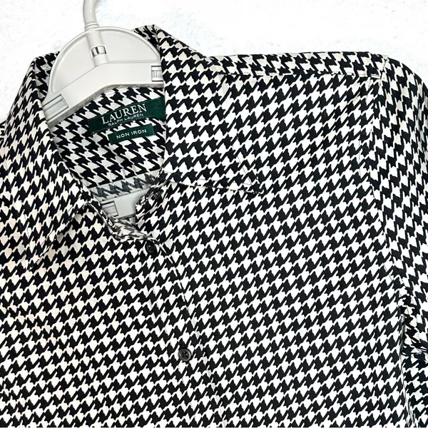 Lauren Ralph Lauren Houndstooth Top S Black Ivory Cotton Non Iron Button Up - Image 2