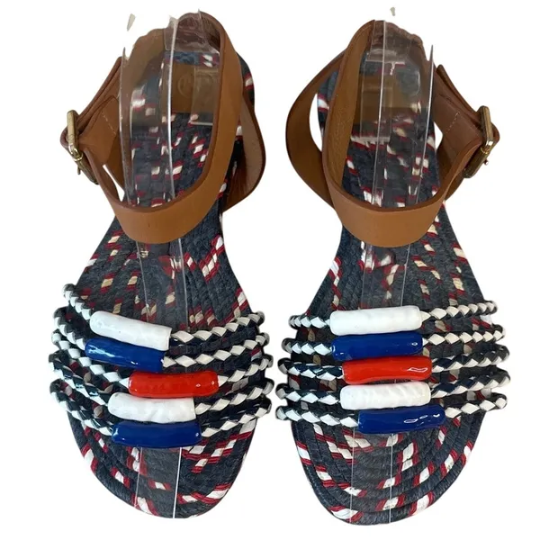 Tory Burch Beaded Espadrille Sandals Red‎ White Blue 7 Nautical - Image 2