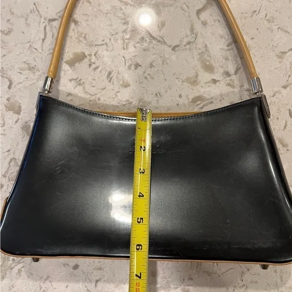Beijo metallic patent pewter and tan trimmed handbag, EUC, clean interior - Image 11