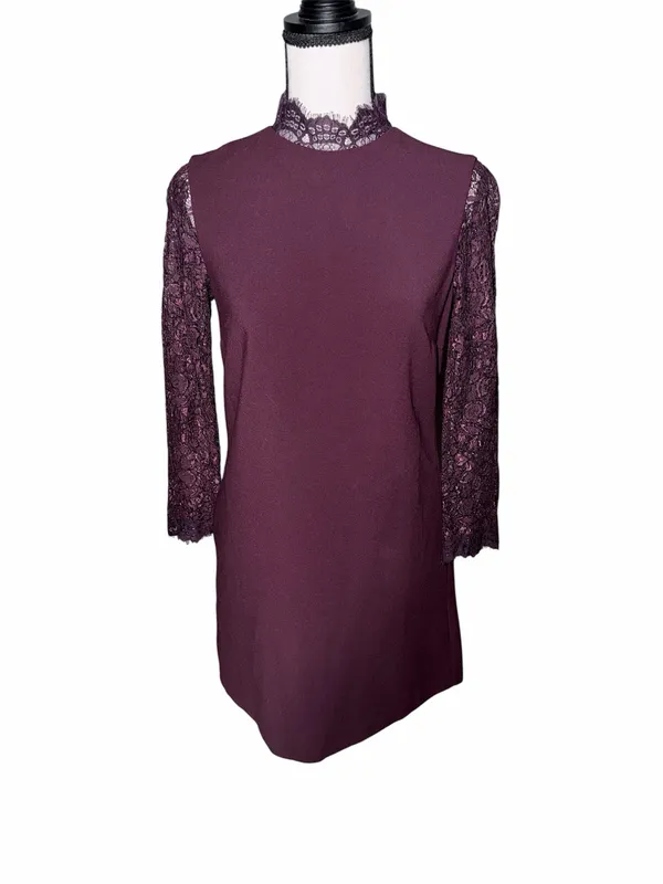 Topshop Purple Solid Lace Long Sleeve High Neck Shift Mini Dress Zip US 2 Formal - Image 2