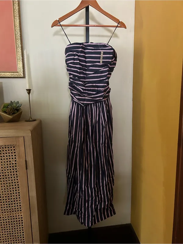 Madewell Strapless Ruched Midi Dress Poplin Striped‎ 100% Cotton Indigo Size 10 - Image 4
