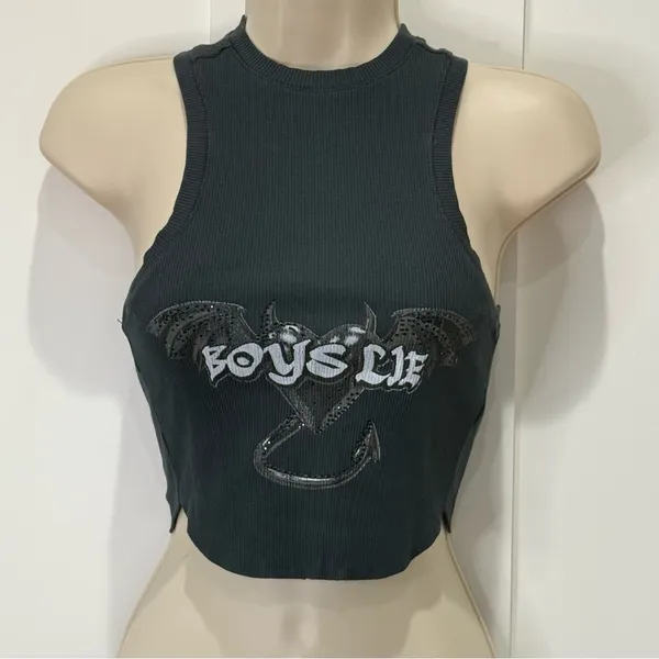 Boys Lie Tank Top One Size Black Bat Ribbed Crop Studded Gothic Y2K Streetwear - Image 4