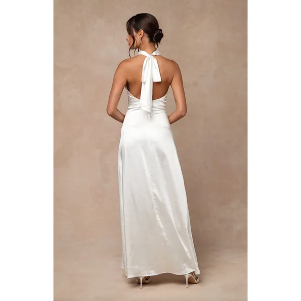 Lulus Concetta Ivory Satin Lace Halter Maxi Dress Wedding Bridal Small NWT - Image 3