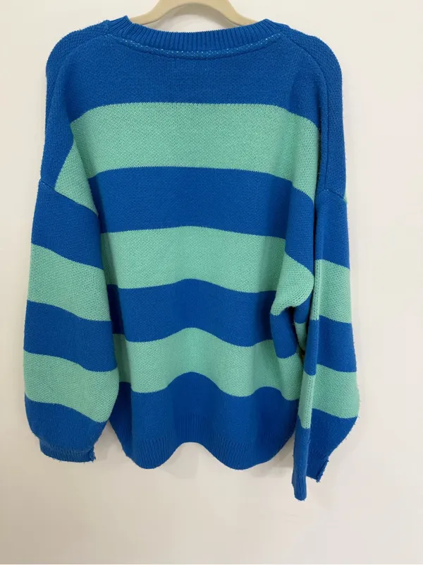 TopShop Blue & Mint Striped Graphic Sweater - Women size 8-10 - Image 2