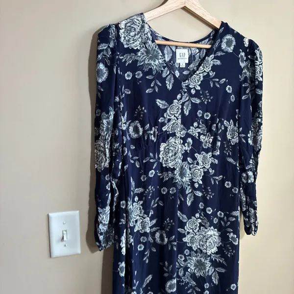 Gap Maternity Floral Midi Dress S Navy Blue Women Rayon Long Sleeve - Image 2