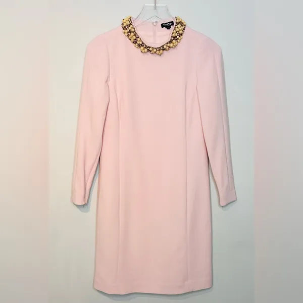 Worth Blush Pastel Pink Beaded Collar Wool Blend Shift Long Sleeve Dress - Image 13