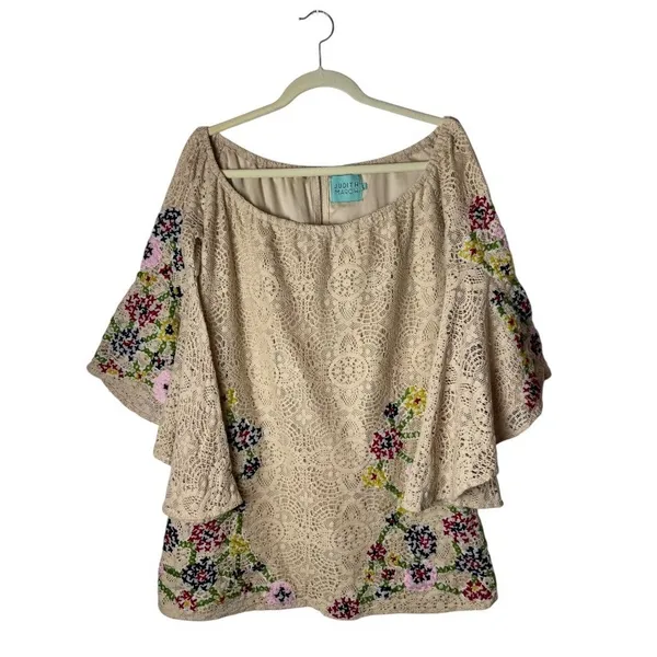 Judith March Shirt Women Large Beige Lace Embroidered Bell Sleeve Tunic Boho‎ - Image 2