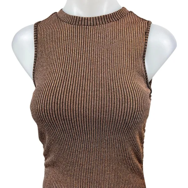 DNT Brown Metallic Rib Knit Sleeveless Ruched Tie Cami Midi Bodycon Tank Dress S - Image 3