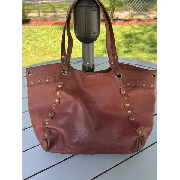 Nine West Vintage America Brown Leather Tote Studded Boho Shoulder Bag Handbag - Image 2