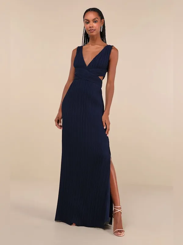 LULU’S Compelling Poise Navy Blue Plisse Cutout Sleeveless Maxi Dress - Image 4
