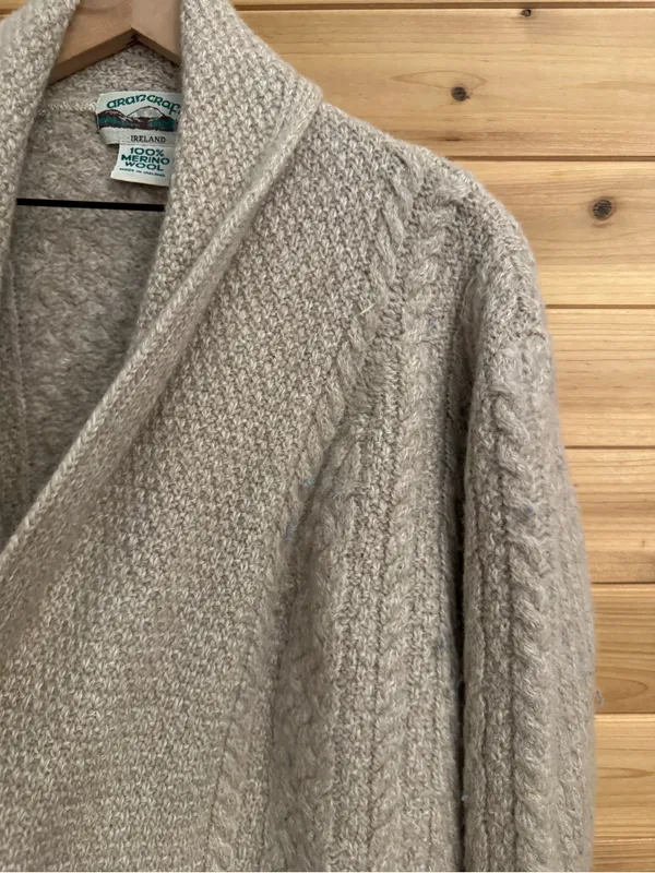 Aran Crafts XL Cream Merino Wool Cable Knit Open Front Cardigan Ireland Cozy - Image 3