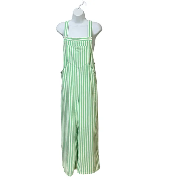 Halara Green White Striped Wide Leg Bib Overalls Pockets Medium Regular - Image 3