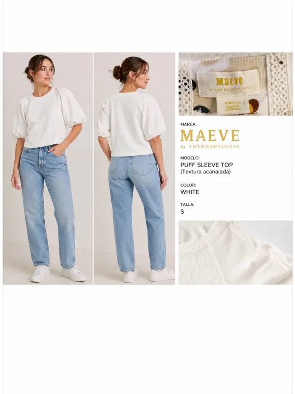 Anthropologie Maeve White Puff Sleeve Ribbed Top - Image 2