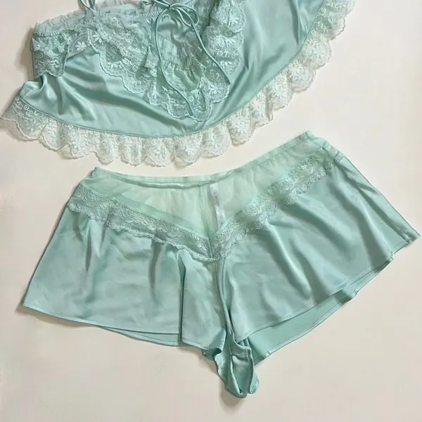ANTHROPOLOGIE Two Piece Set Crop Lace Ruffle Cami Short Mint Green Lacey Medium - Image 4