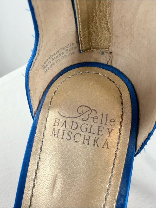 Belle Badgley Mischka Cobalt Blue Beaded Satin T-Strap Heels‎ Size 7 - Image 2