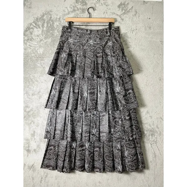 Vintage Boho Paisley Tiered Maxi Skirt Ruffle Rosette Detail Romantic Festival - Image 3