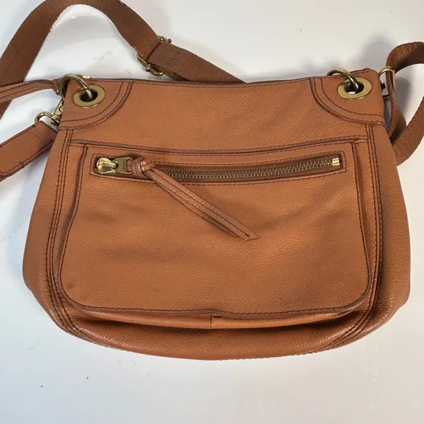 Fossil Cognac Brown Pebbled Leather Convertible Crossbody Bag Antique Brass‎ Zip - Image 10