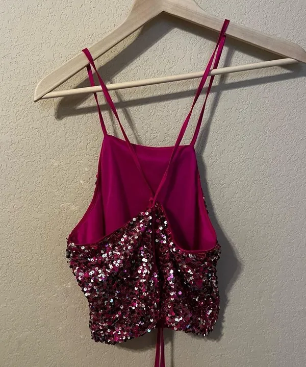 Love & Piece Collection Hot Pink Sequin Halter Crop Top - Image 5