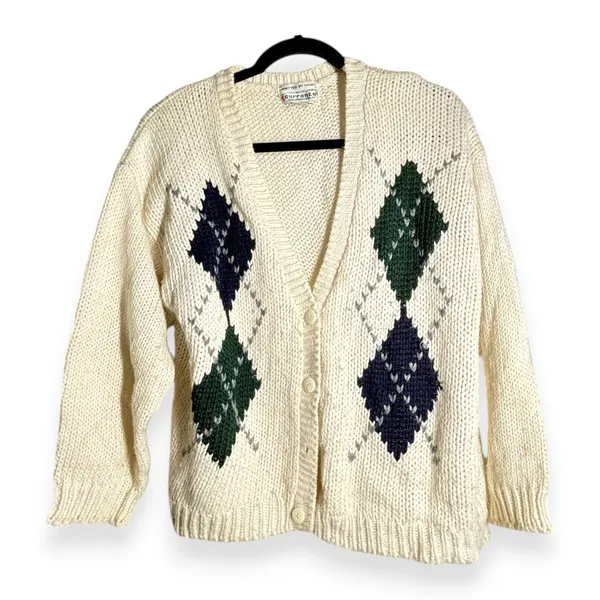VINTAGE Currants 90's M Academia Granny Hand Knit Argyle Cardigan Sweater Prep - Image 2