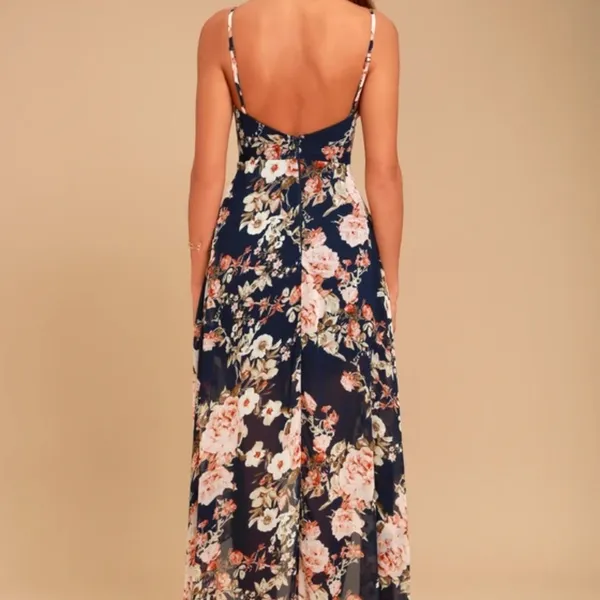 Lulus Reflection Navy Blue Floral Print High-Low Dress Sz L - Image 3