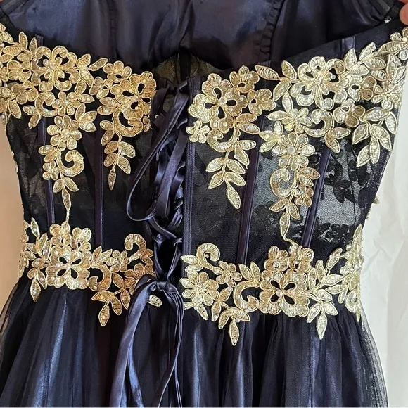 Blondie Nites Gown Juniors‎ Size 9 Navy Long Mesh Gown Corset Style Gold Prom - Image 6