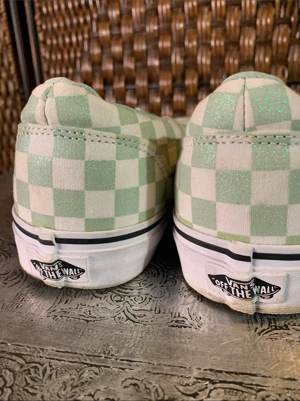 Vans Green and White Sparkly Checked Low Tops Size 11 - Image 6